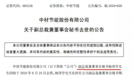 中材節(jié)能副總裁兼董秘楊澤學因病去世